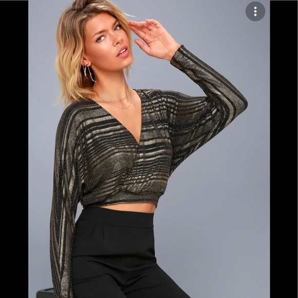 Shimmer Town Black and Gold Striped Long Sleeve Crop Top - Picture 4 of 4